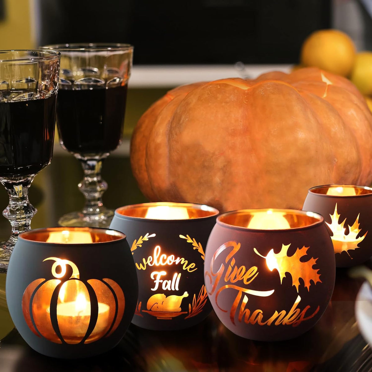 Thanksgiving Votive Candle Holder Set of 12, Glass Tealight Votives Holder with 6 Laser Engraving Patterns, Fall Table Centerpiece Indoor Outdoor Decor
