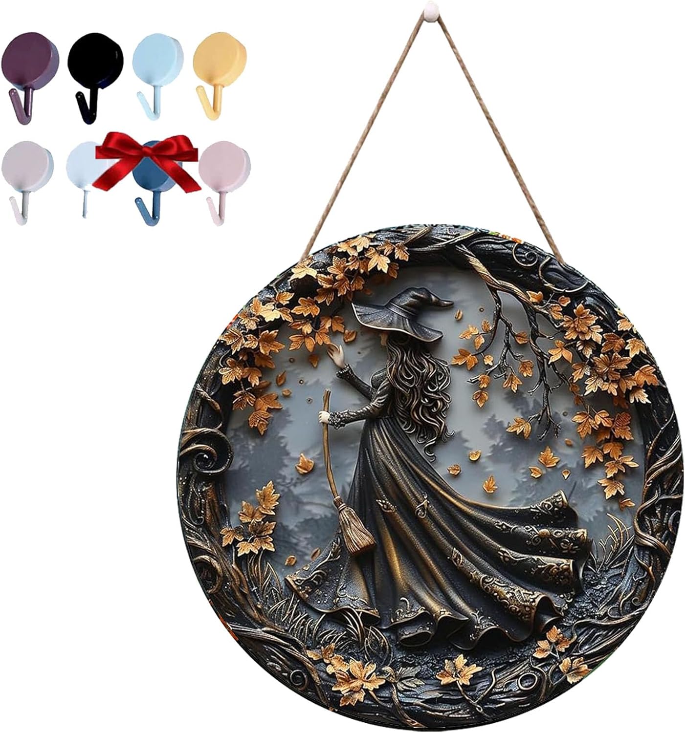 Fanyil/Olygee/Sherum/Shirem/Pubyfun/Glosrity/Libilin/Graddi/Solymody/Gowebs/Goredny/Vianys Witching Hour, Door Way Hanging Decor Halloween, 2D Wooden Round Witches Sign (C, ‎7.87")