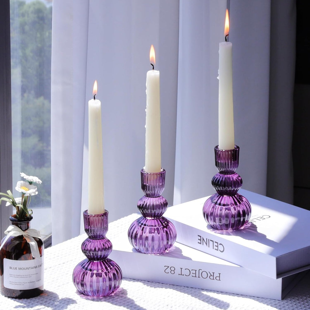 Set of 6 Purple Taper Candle Holders 4.3" H for Halloween Decorations, Vintage Ribbed Glass Candlestick Holders for Wedding Table Centerpiece, Candle Sticks Holder Decor for Holiday Home Decor
