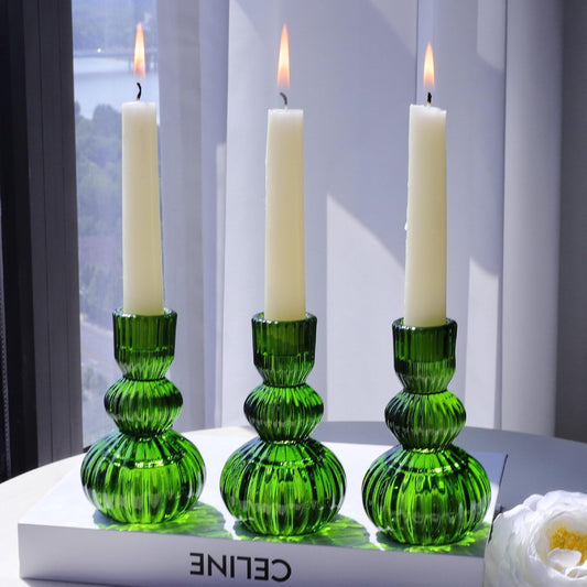 Green Ribbed Glass Taper Candle Holders, Set of 3, Table &amp; Shelf Accent