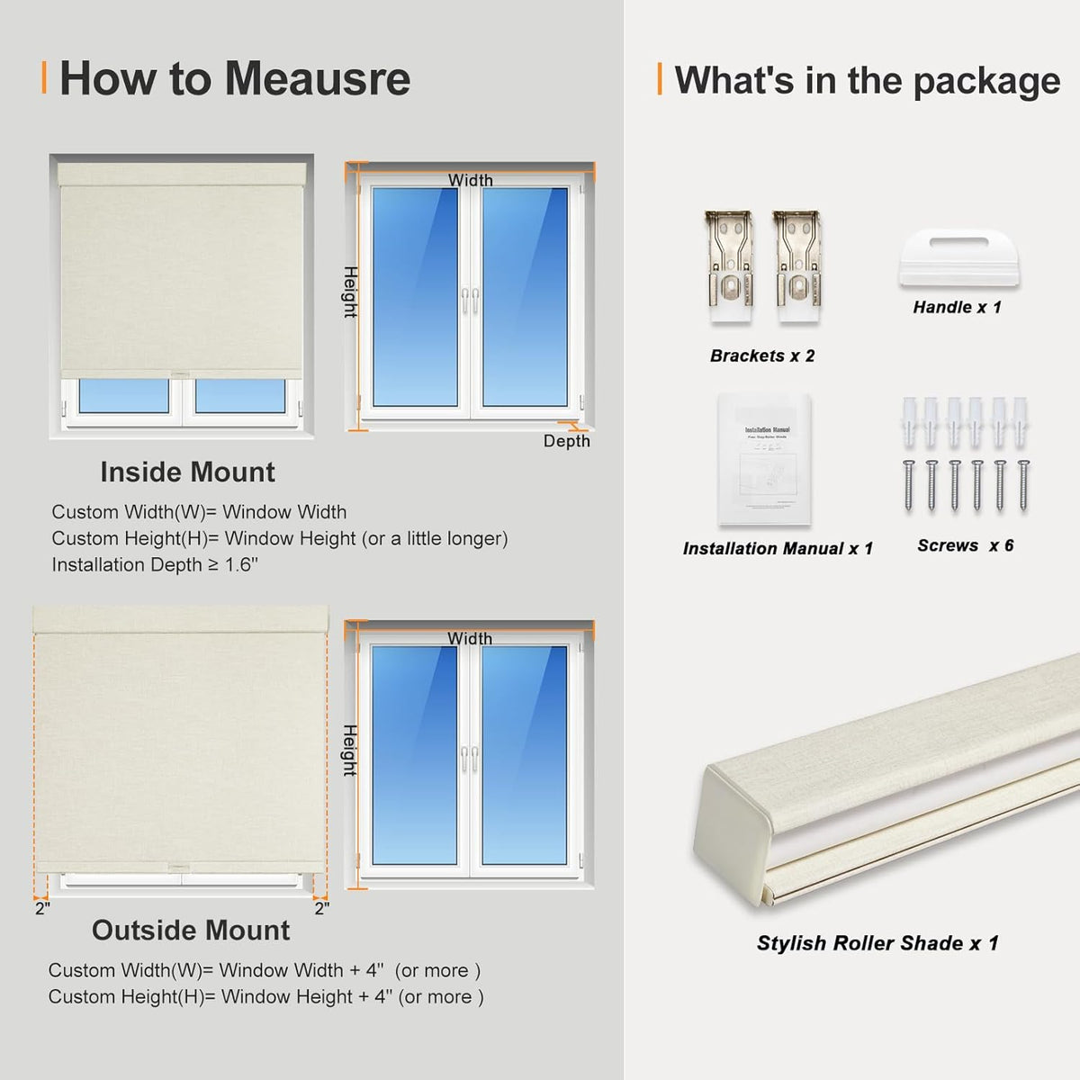 Persilux Blackout Shades for Windows Cordless Roller Blinds, Roller Windows Shades for Home with Fabric Attached Valance, UV Protections Easy Installation for Door/Office, Limestone(35" W x 64" H)