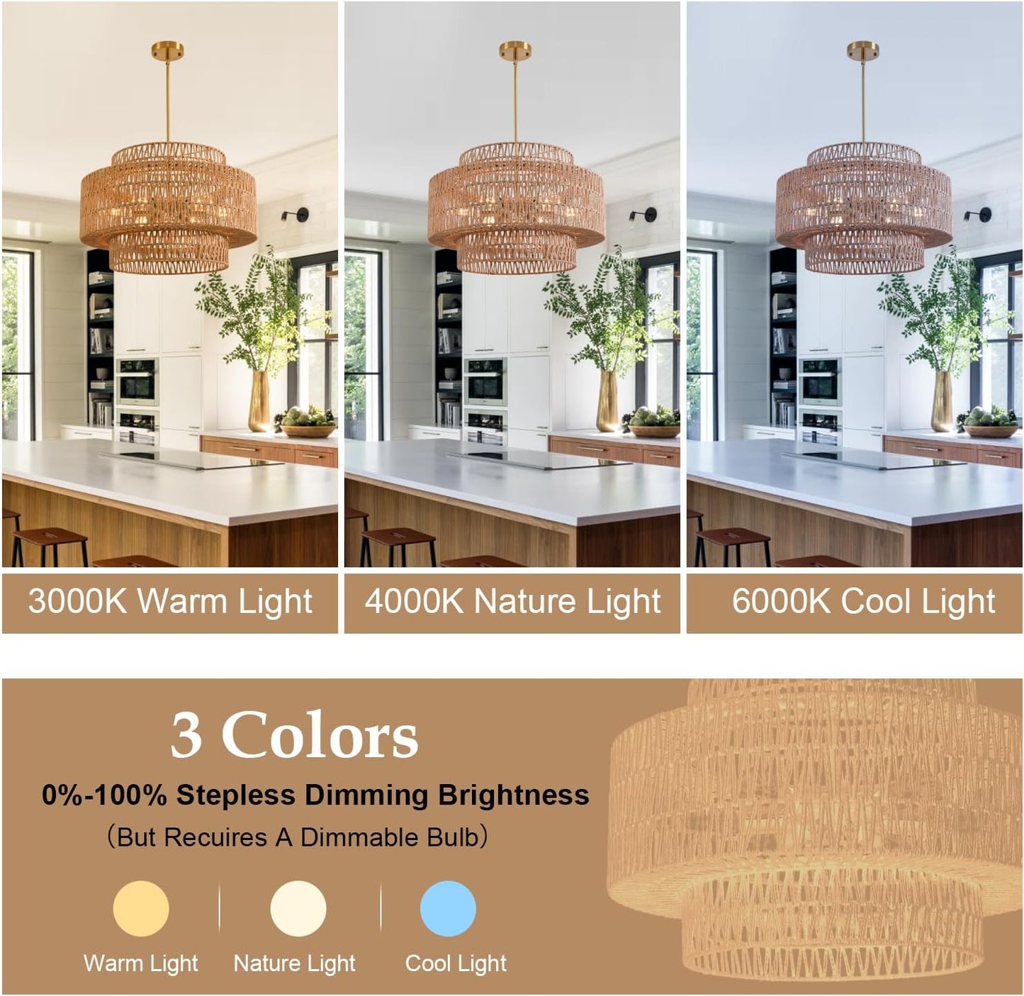 Rattan Chandelier Farmhouse 6 Lights Hand Woven Large Boho Chandeliers for Dining Room Light Fixture Hanging 23.62" Wicker Pendant Lighting for Island