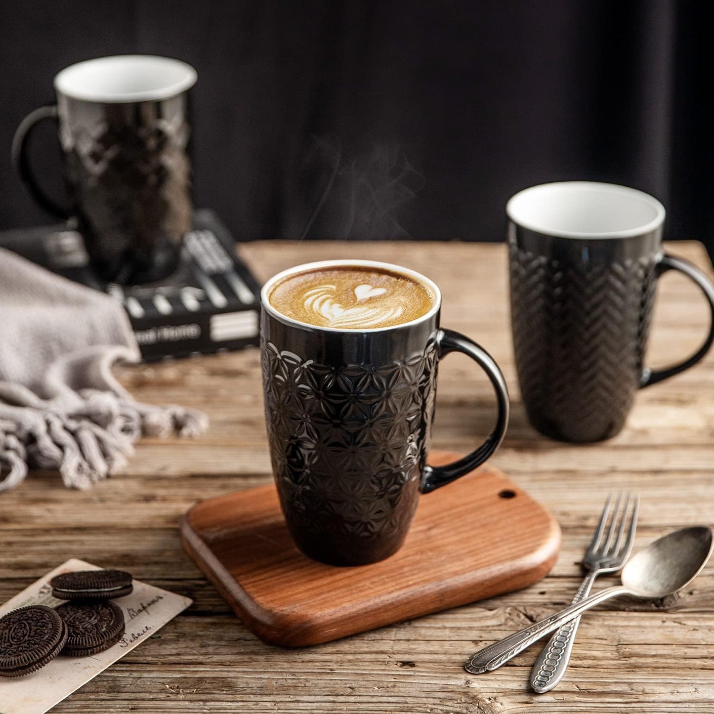 AmorArc Large Coffee Mugs Set of 6, 20oz Ceramic Tall Coffee Mugs Set with Textured Geometric Patterns for Coffee/Tea/Beer/Hot Cocoa, Dishwasher & Microwave Safe, Black&Beige