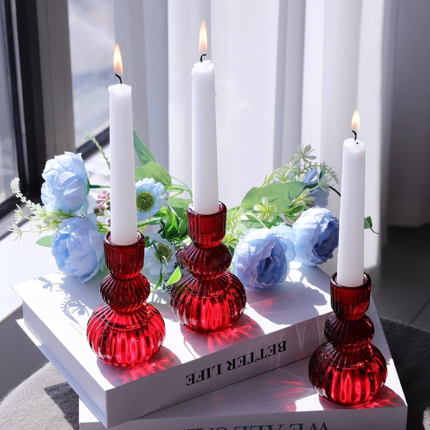 Red Ribbed Glass Candlestick Holders Set of 3, 4.3” Vintage Taper Candle Holders for Valentine’s Day, Christmas & Winter Table Decor