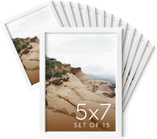 HAUS AND HUES 5x7 White Metal Picture Frames - Bulk Frames 5X7 - Features Premium Aluminum, Vertical Hanging, Easel Back for Tabletop, Home, Office (5x7 in, White, Set of 15)