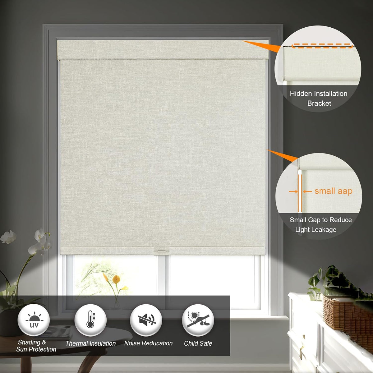 Persilux Blackout Shades for Windows Cordless Roller Blinds, Roller Windows Shades for Home with Fabric Attached Valance, UV Protections Easy Installation for Door/Office, Limestone(66" W x 96" H)