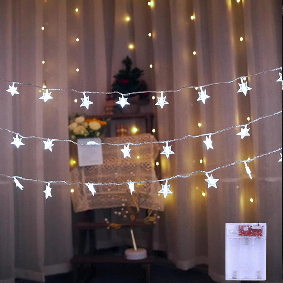 String Lights for Bedroom - 17 Ft 50 LED Fairy Christmas Lights Battery Operated, Waterproof Indoor Outdoor Star Twinkle Light for Tent Loft Bed Patio Party Wedding Holiday Camping Decor