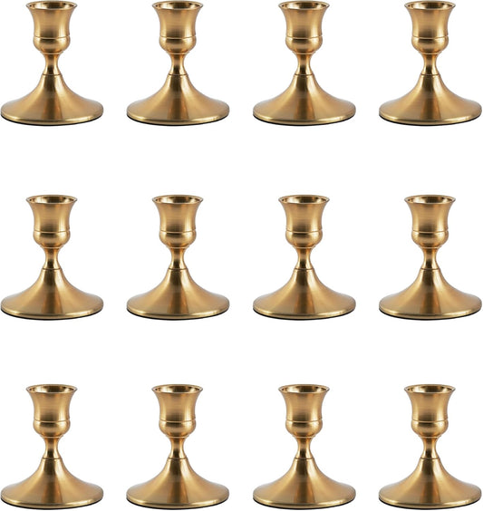 Gold Taper Candle Holder Set, Polished Metal Table Candle Holders (12 Pcs)