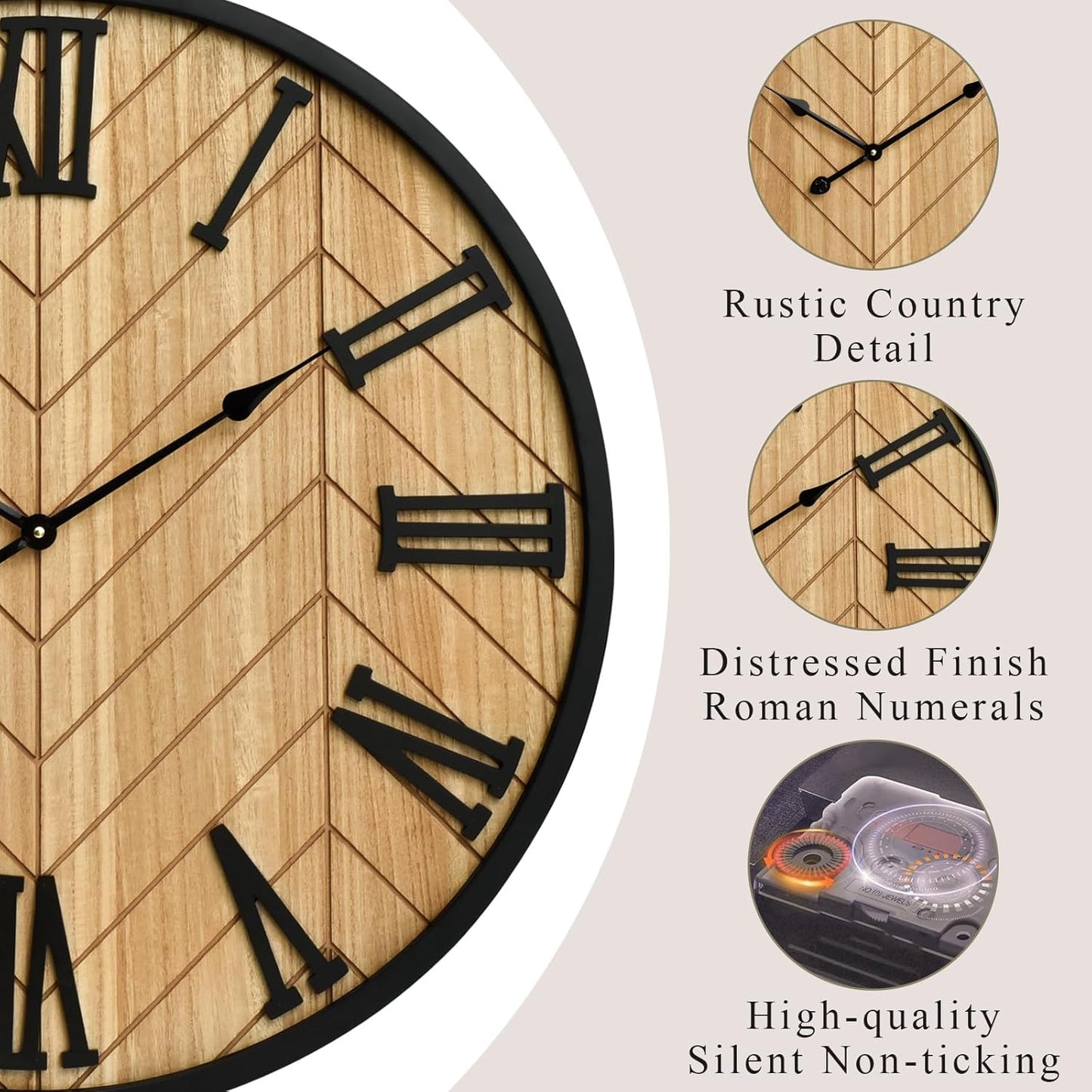 30 Inch Farmhouse Wall Clock with Wood Texture – Silent Non-Ticking Rustic Large Wall Clock for Living Room Decor