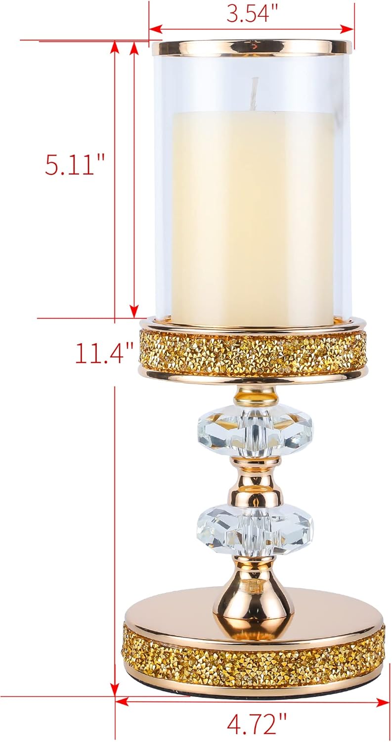 Crystal Pillar Candle Holder with Glass Shade, Gold Metal Base (M)