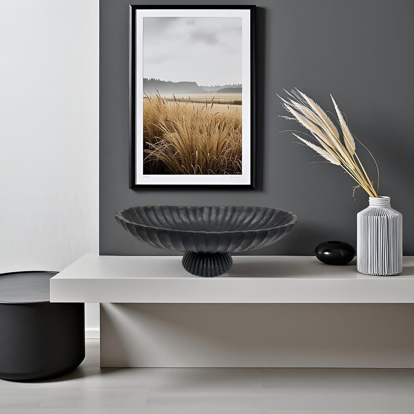 14.5" Large Decorative Long Bowl - Black Fluted Scalloped Decorative Bowls for Home Decor - Ruffle Decor,Stylish Key Bowl for Entry Table,Decorative Fruit Bowls for Kitchen Counter