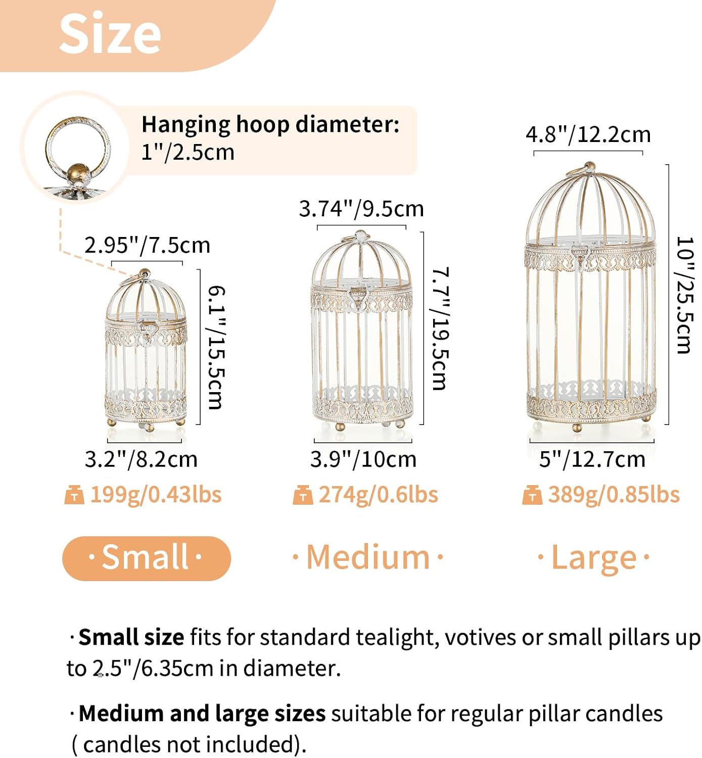 Tea Light Candle Holders: 2 Pcs 6 inch H Distressed White Bird Cage Lantern Centerpiece Hanging Metal Birdcage Tealight Votive Holder for Home Fireplace Dining Table Living Room Decoration