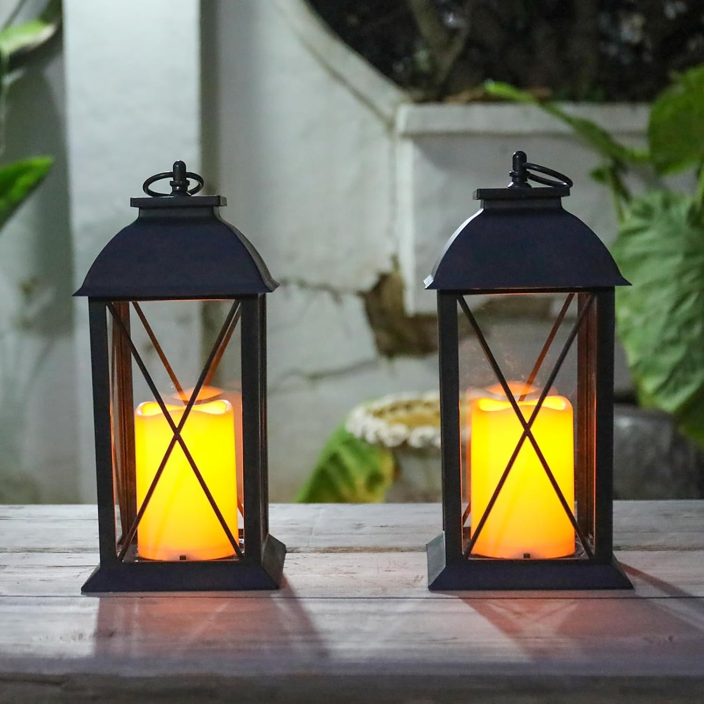 2-Pack 13-Inch Black Decorative Lantern with LED Candle, Battery-Operated, Indoor & Outdoor Use
