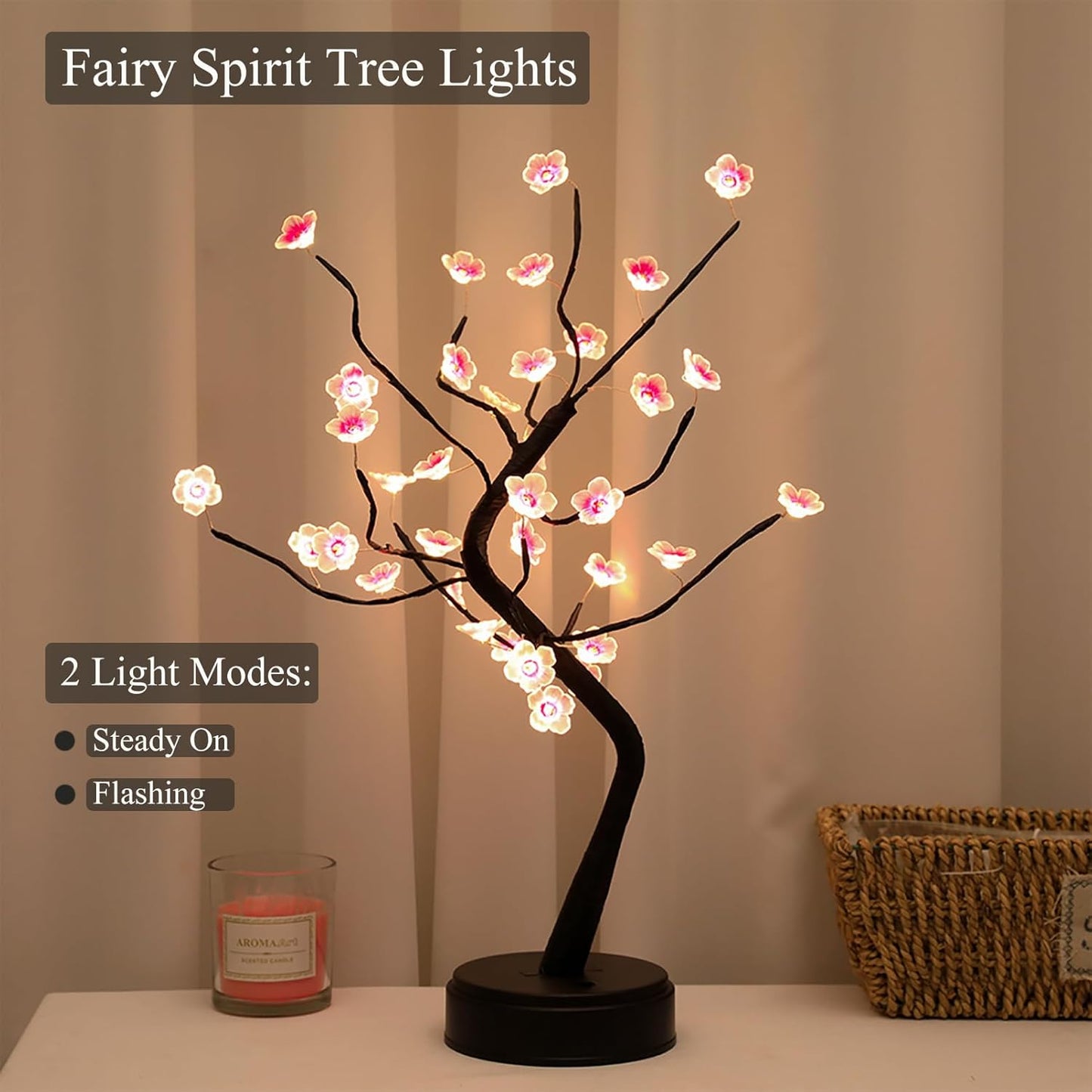 36 LED Cherry Blossom Sparkly Fairy Spirit Tree Lights, Twinkling Tree 3AA&USB Powered, Tabletop DIY Artificial Tree Lamp for Bedroom Christmas Indoor Room Decor Lights (Warm White)
