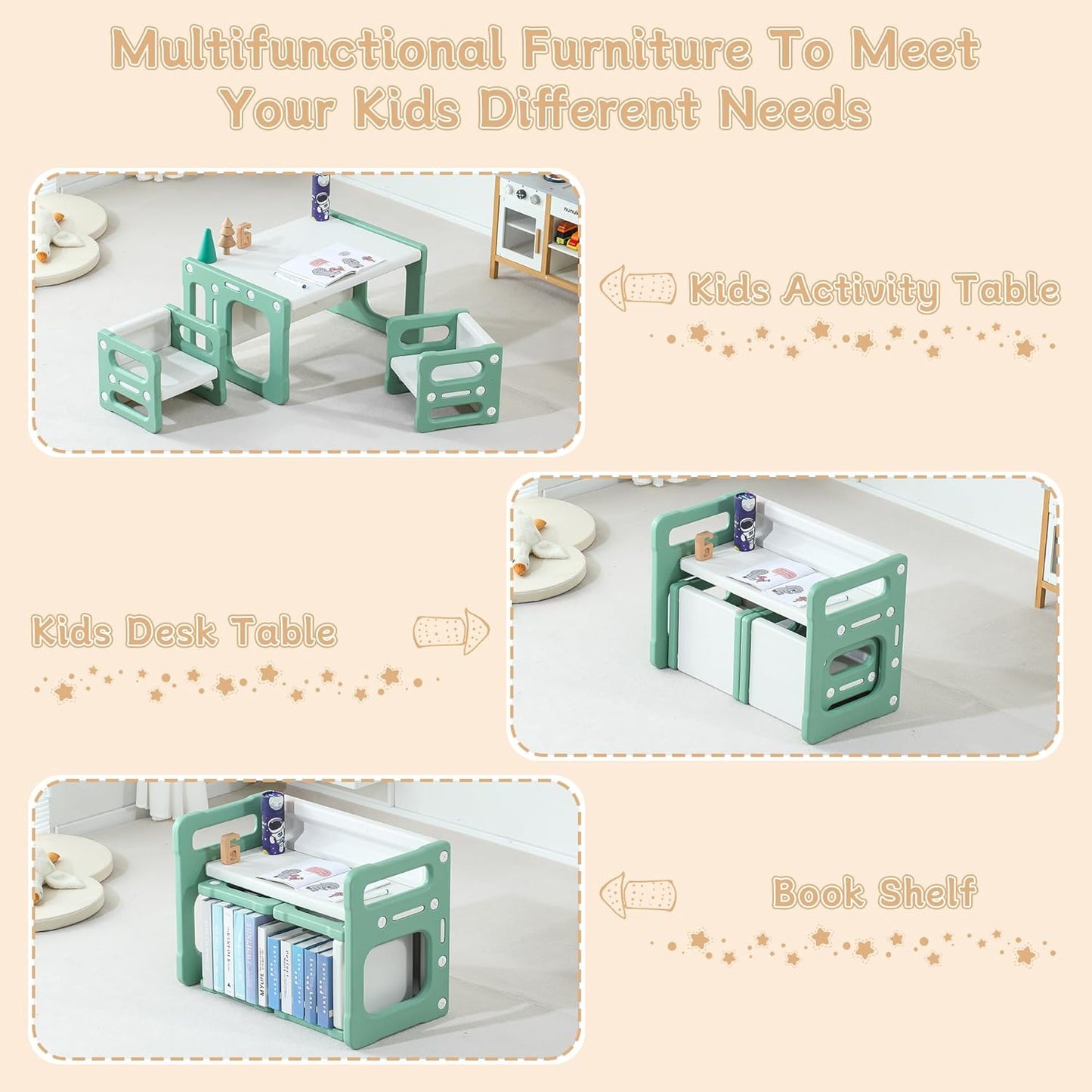 3 in 1 Montessori Weaning Table and 2 Chairs Set, Kids Activity Table Set, 2 Height Levels, Toddlers Activity Table for Drawing, Dining, Reading and Playing, Green