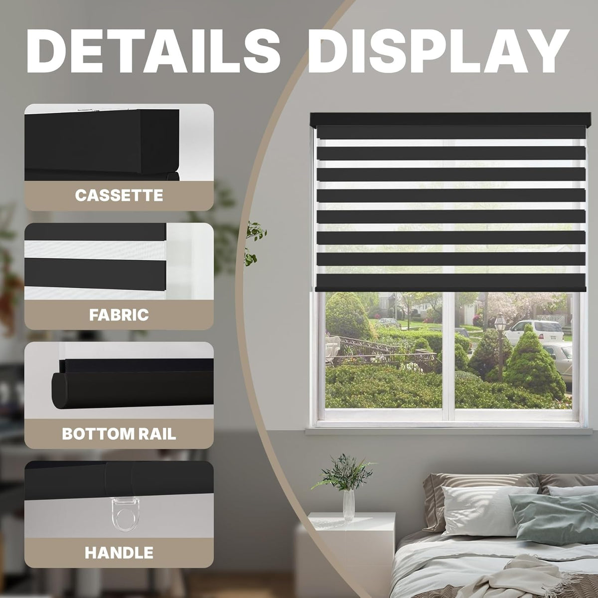 HESTIA Cordless Zebra Blinds Light Filtering Roller Shades UV Blocking Blackout Privacy Indoor Window Shades for Home Office Day and Night, Black,45" W x 60" H