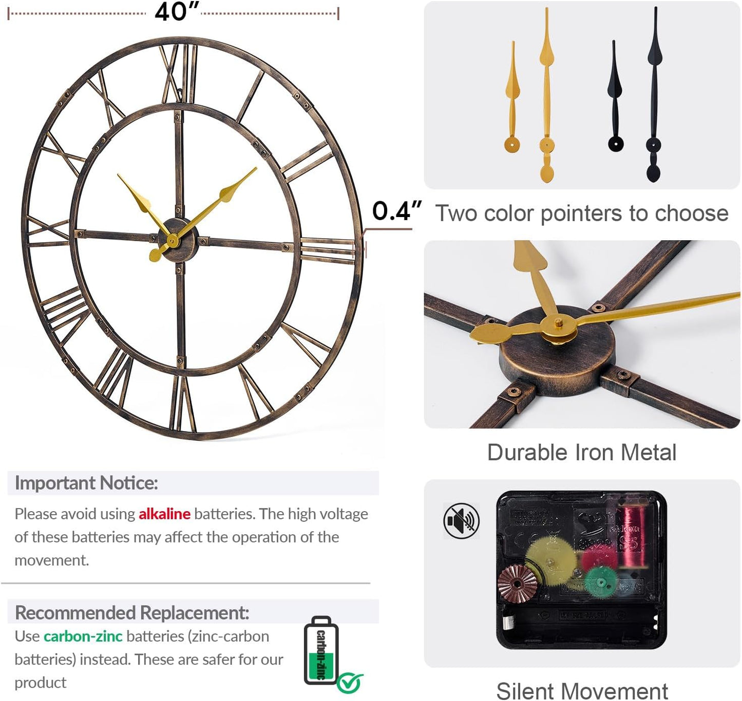 Large Modern Roman Wall Clock — 40” Oversized Silent Metal Frame for Calm Living Spaces