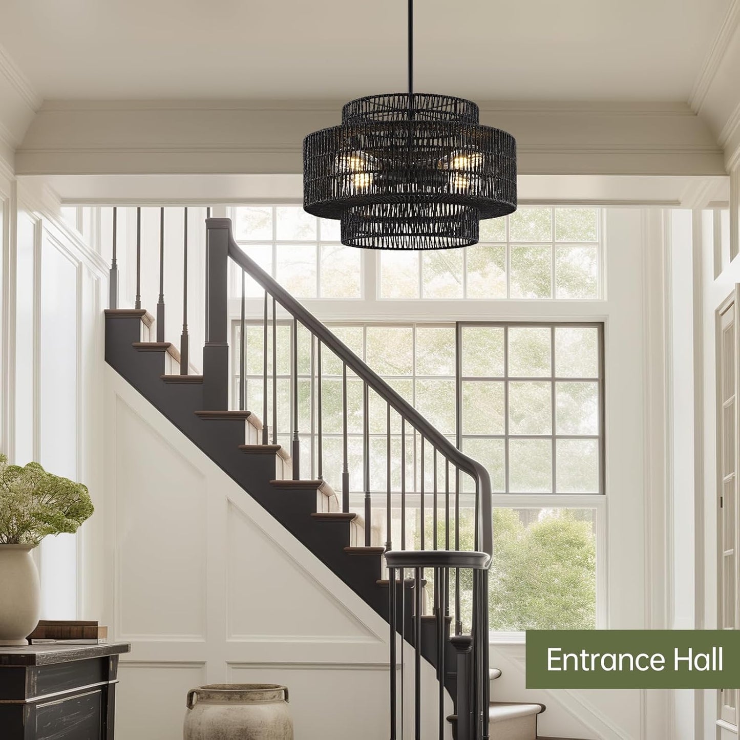 4-Light Black Boho Rattan Chandelier Light Fixture, 17.7” Hand Woven Rustic Chandeliers Farmhouse Chandelier Hanging Light for Dining Room Kitchen Island, Living Room, Foyer