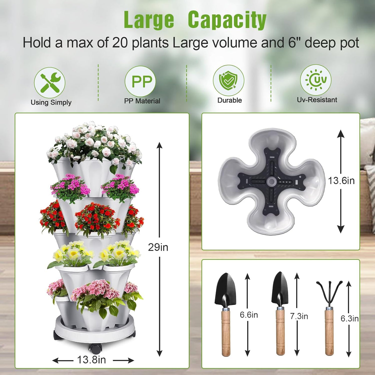 Vertical Strawberry Planter 5 Tier Stackable Tower Herb Planters-Stacking Garden Outdoor Planter Pot with Tools Mover for Succulents, Vegetables and Flowers