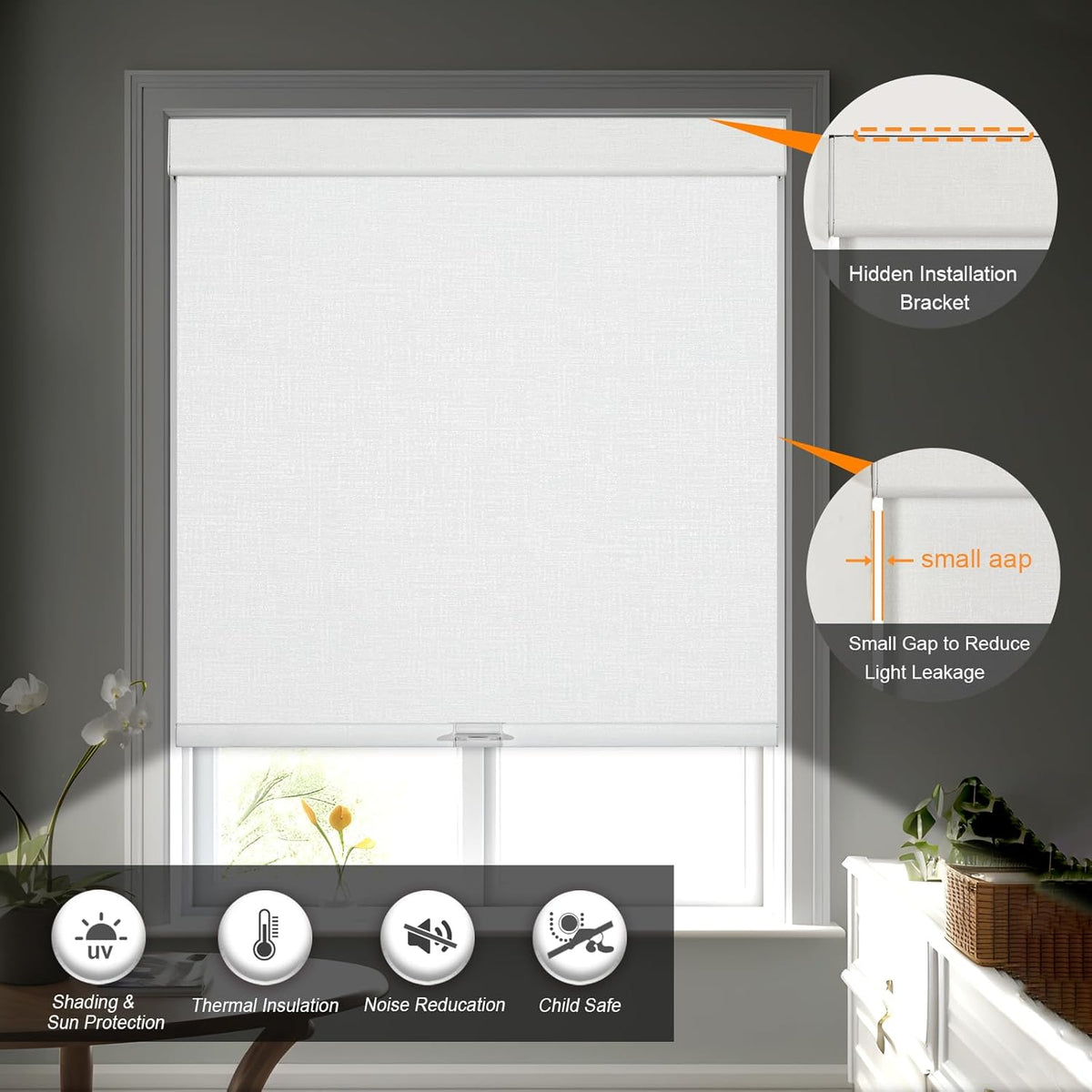 Persilux Blackout Roller Shades & Blinds Windows Shades Free-Stop Blackout Blinds with Jacquard Fabric,Cordless Blinds Pull Down Shades for Home, Easy to Install for Door/Office, White(31" W x 48" H)