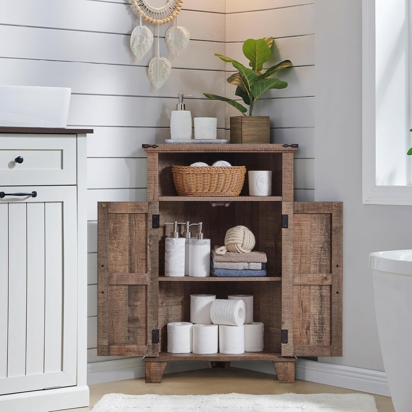 Corner Bathroom Cabinet, Farmhouse Small Corner Cabinet with Barn Door & Adjustable Shelf, Storage Cabinets for Bathroom, Kitchen, Living Room, Rustic Brown