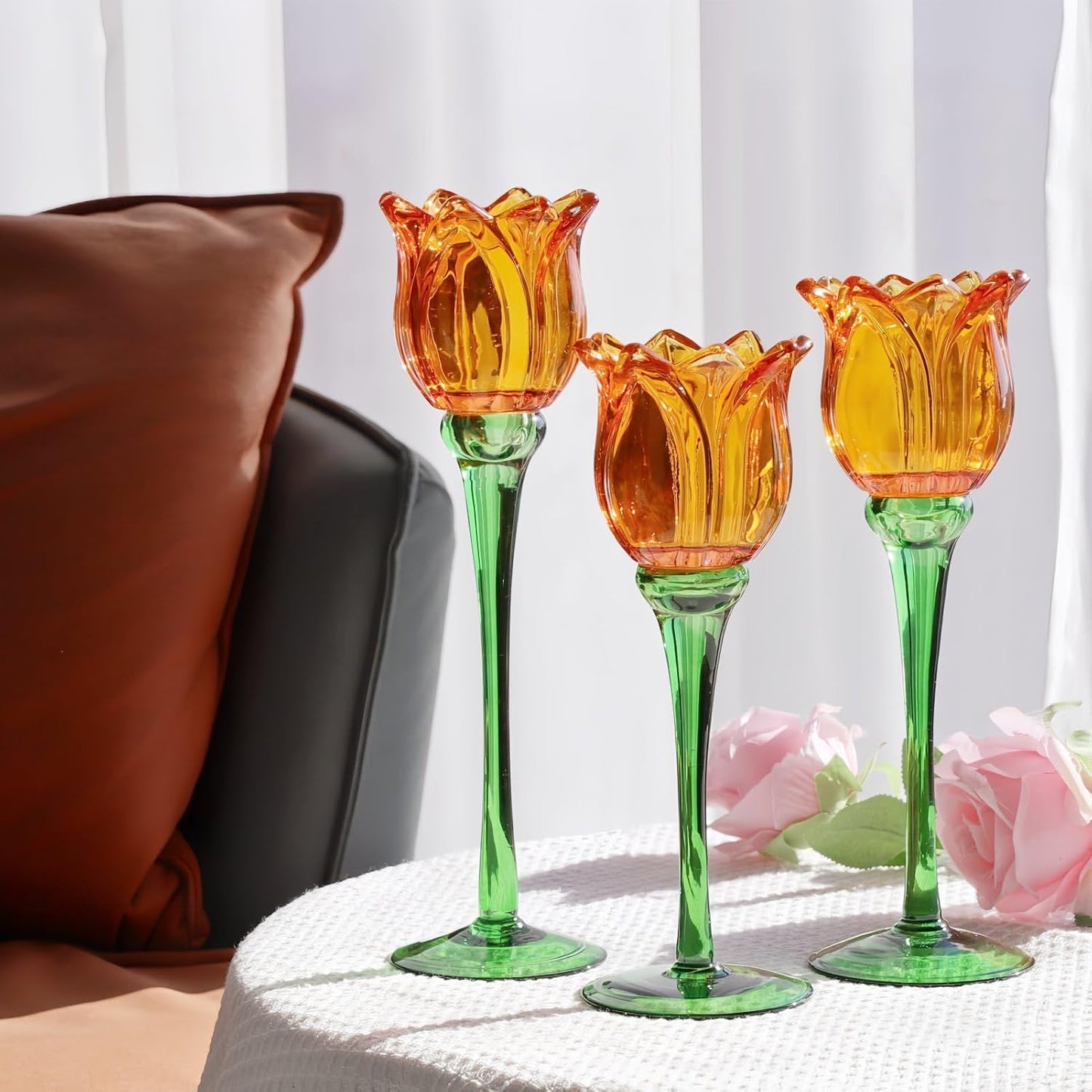 Orange Tulip Glass Votive Candle Holders, Sculptural Table Accent (Set of 3)