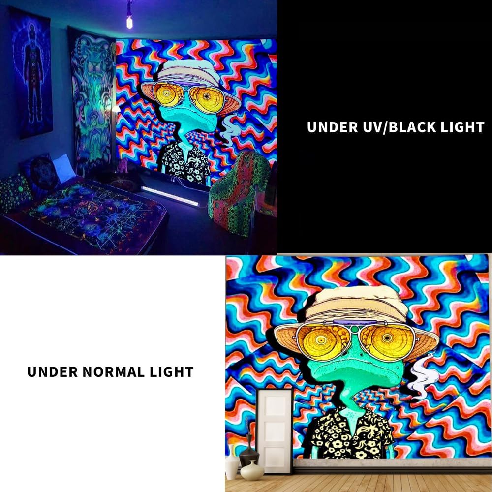 ADDWel Blacklight Frog Tapestry, Hippie Alien Tapestry Glow In The Dark, UV Reactive Black Light Upright Posters Wall Hanging for Bedroom Dorm Living Room Backdrop Decor