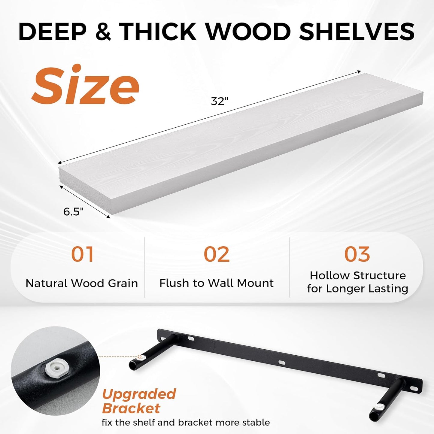 Fun Memories 32” Floating Wall Shelves Set of 2 — Modern Wood Picture Ledge Shelves for Living Room, Bedroom & Kitchen Storage