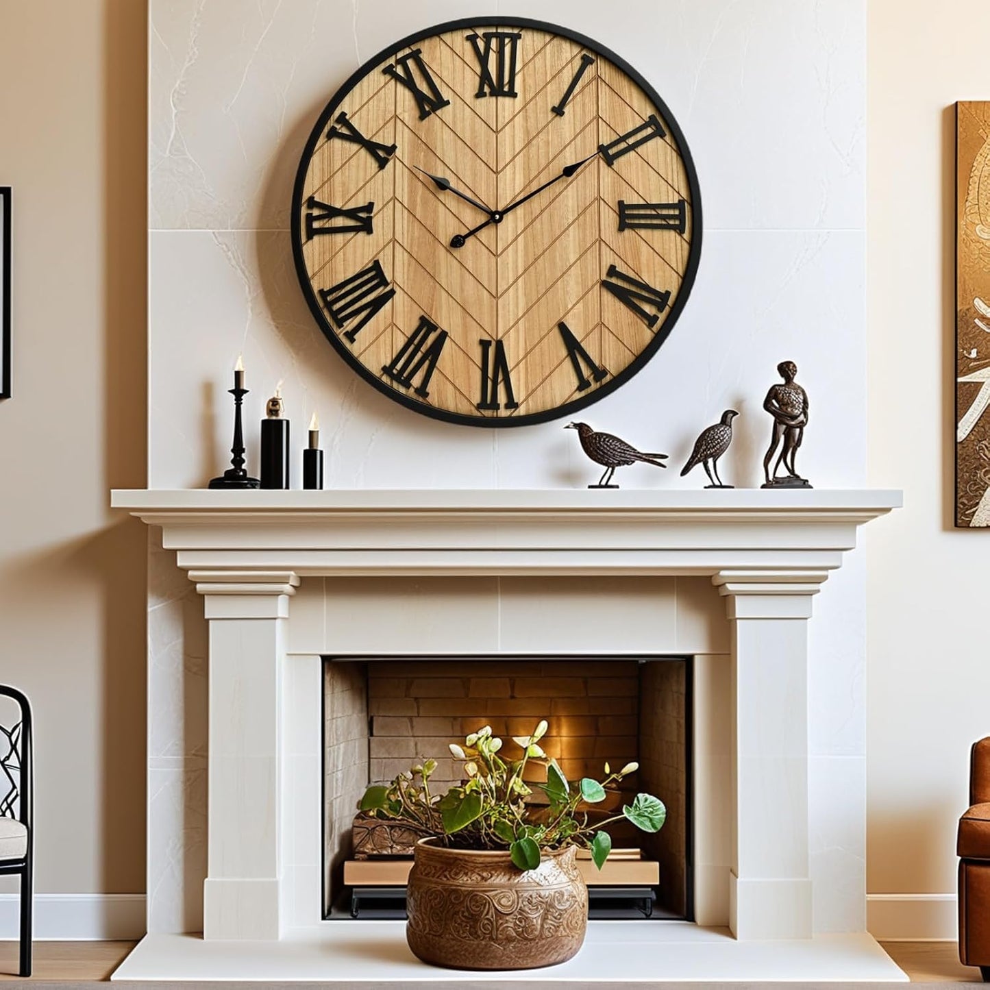 30 Inch Farmhouse Wall Clock with Wood Texture – Silent Non-Ticking Rustic Large Wall Clock for Living Room Decor