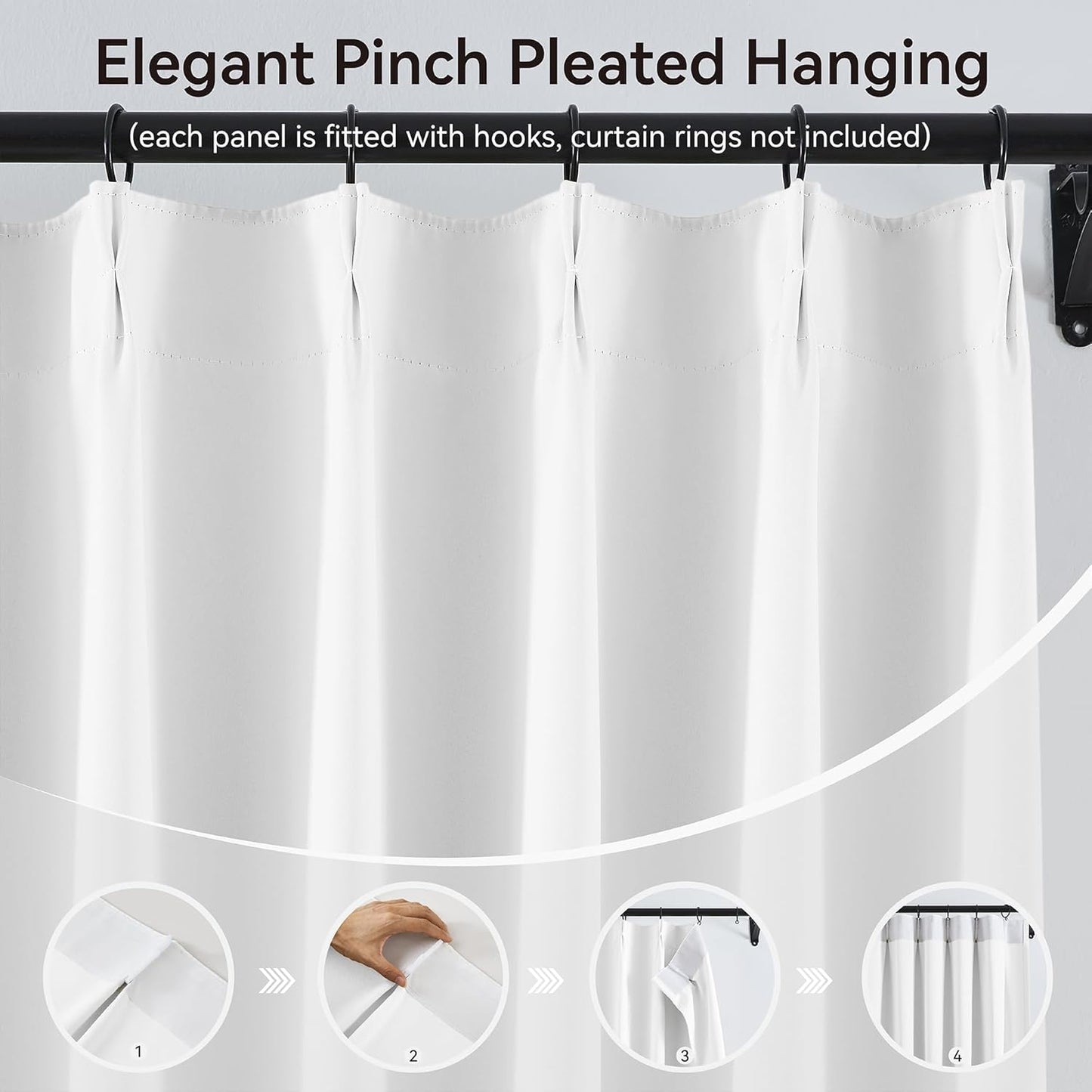 2PCs White Pinch Pleat Wide Drapes for Sliding Glass Door 60Wx102L Inches, Light Blocking Thermal Insulated Soft & Vertical Curtains for French Door Cottage, Elegant Modern Stylish Home Decor