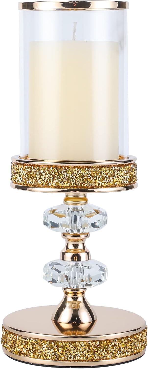 Crystal Pillar Candle Holder with Glass Shade, Gold Metal Base (M)