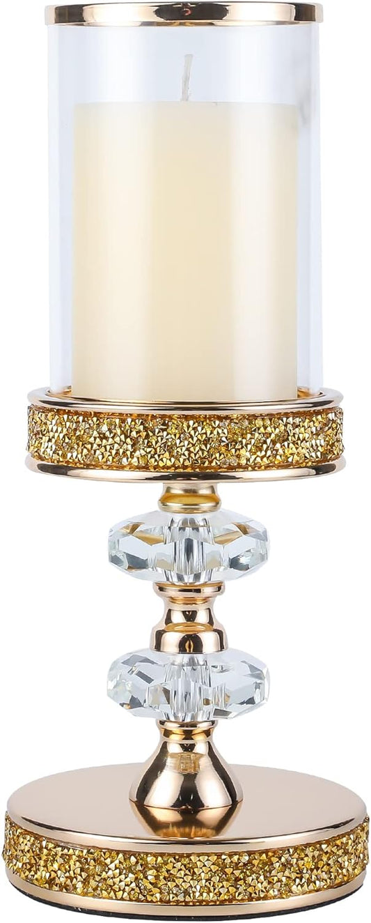 Crystal Pillar Candle Holder with Glass Shade, Gold Metal Base (M)