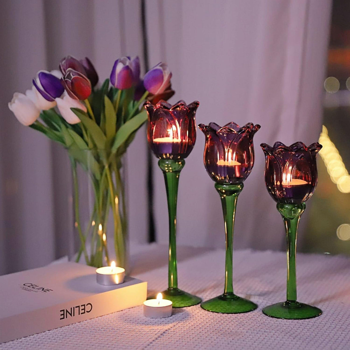 Purple Tulip Glass Tealight Candle Holders Set of 3, Floral Tall Glass Candle Holders for Table & Home Decor