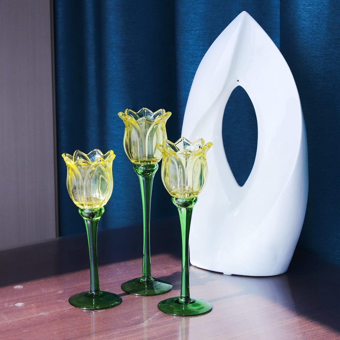 Yellow Tulip Glass Tealight Candle Holders Set of 3 — Spring Table Centerpiece Decor, Tall Tulip Candle Holders for Easter & Seasonal Styling