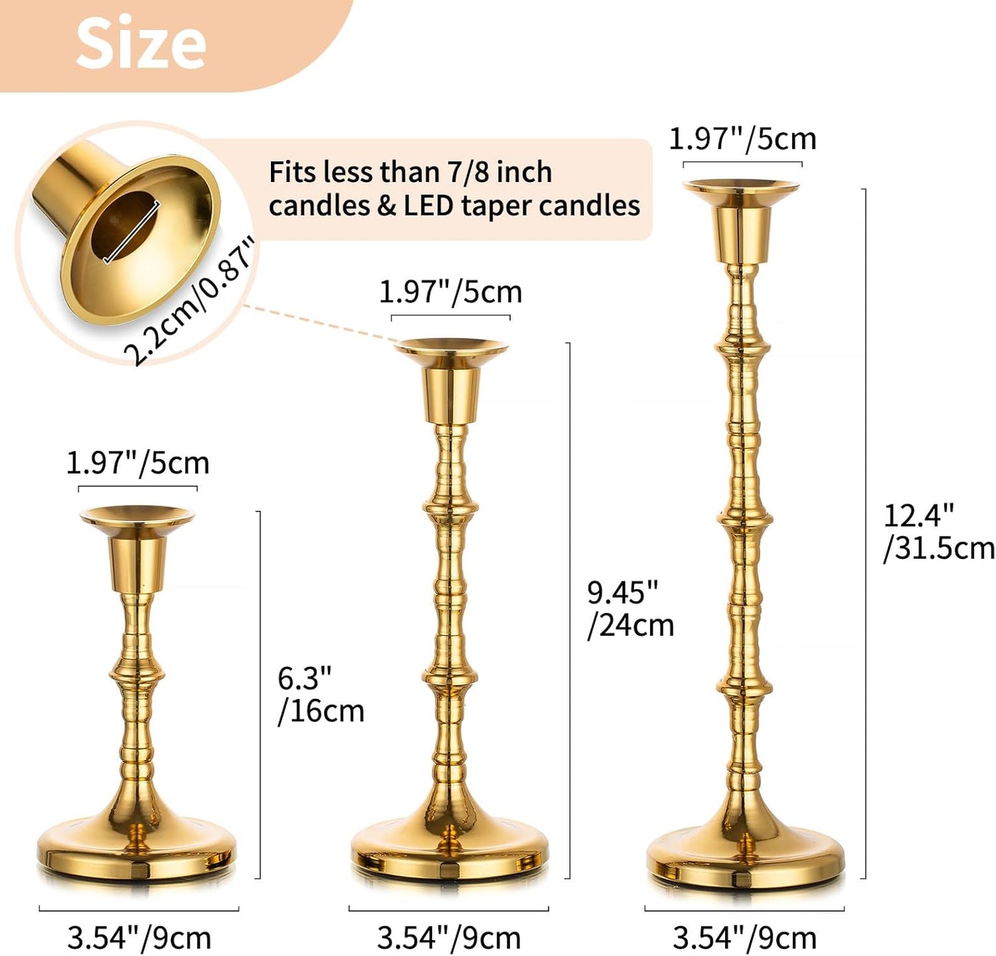 Gold Taper Candlestick Holders Set of 3 – Vintage Brass Candle Holders for Table & Fireplace Decor