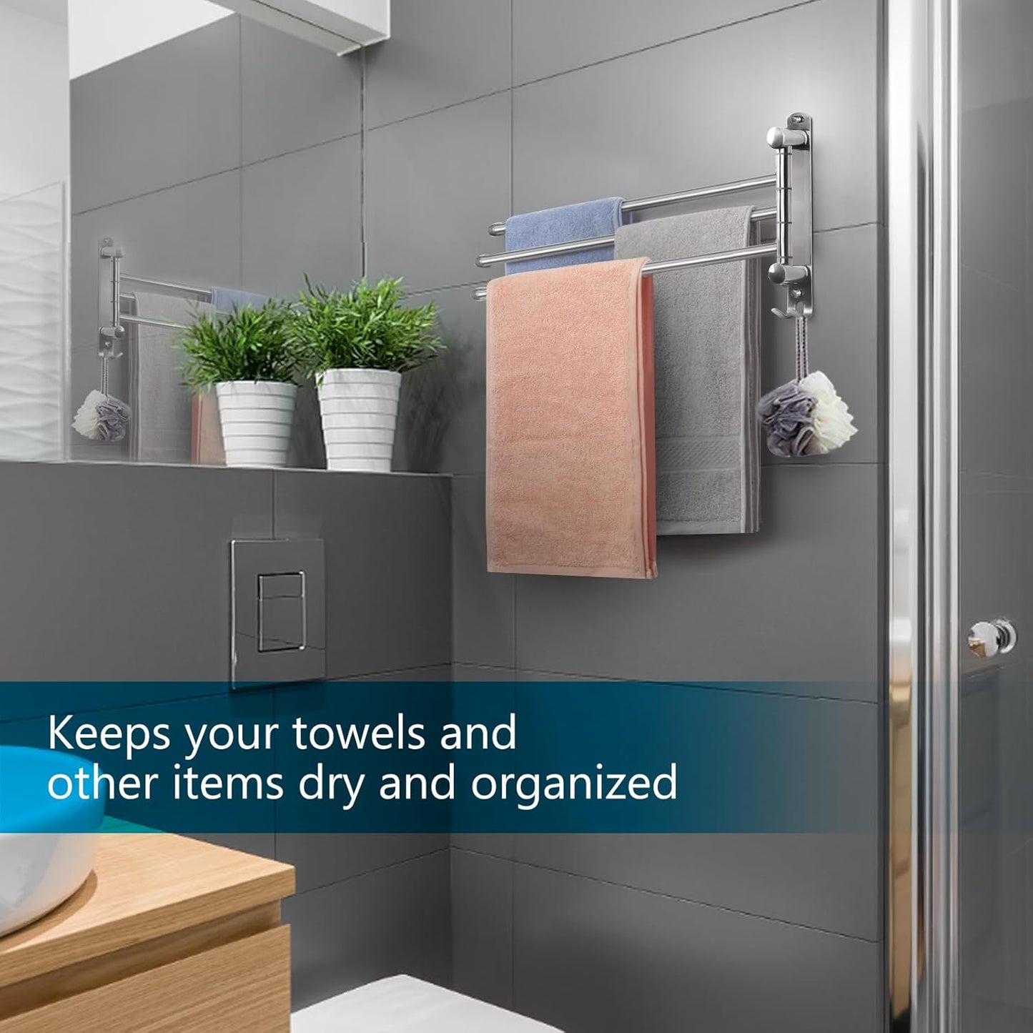 Bathroom Towel Rack JSVER 3 Arms Extended Towel Holder, Swivel Towel Bar, SUS304 Stainless Steel Space Saving Towel Racks for Bathroom, Kitchen