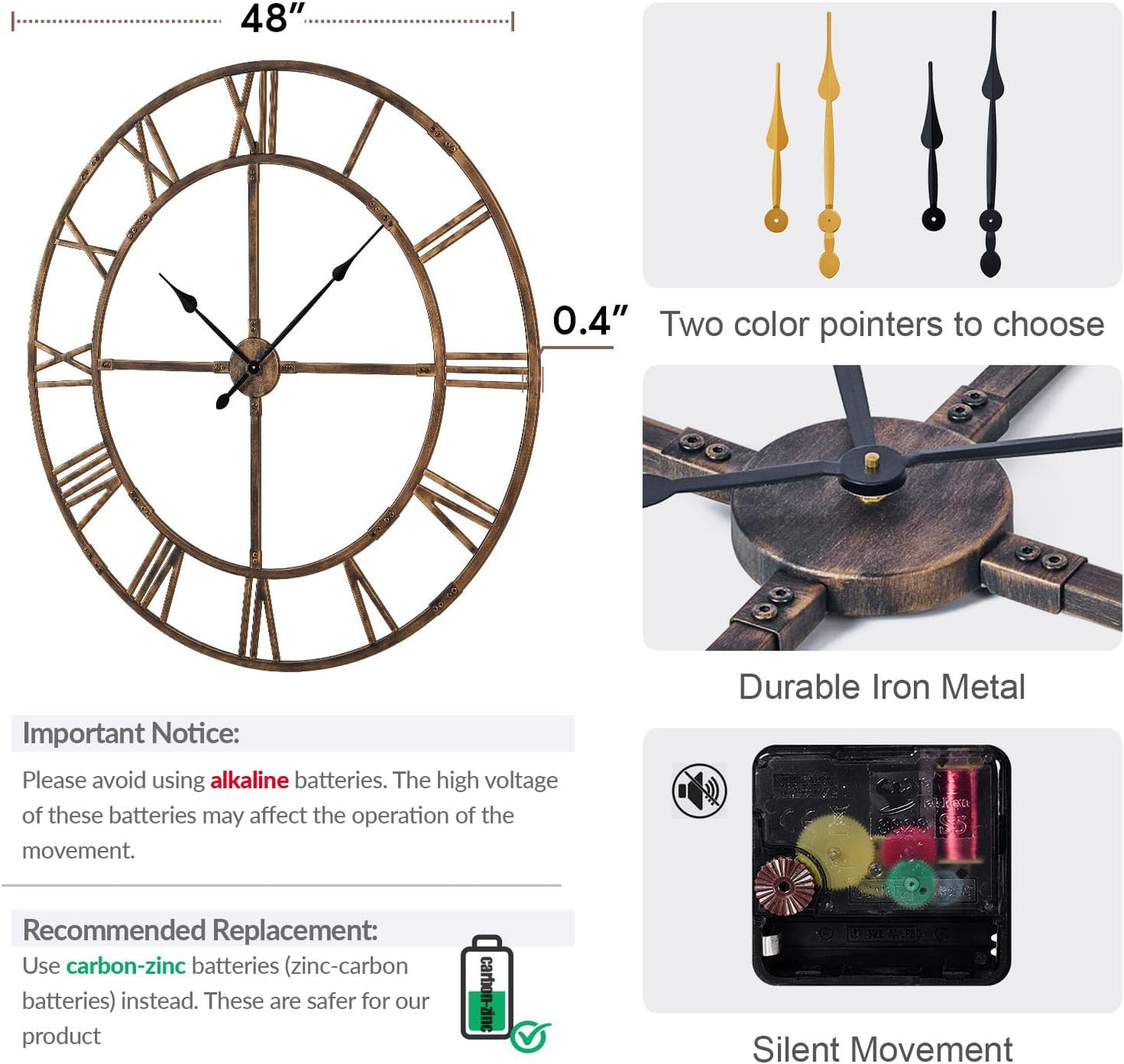 Large Wall Clock for Living Room Decor – 48 Inch Silent Non-Ticking Modern Farmhouse Wall Clock, Oversized Decorative Metal Roman Numeral Clock, Bronze