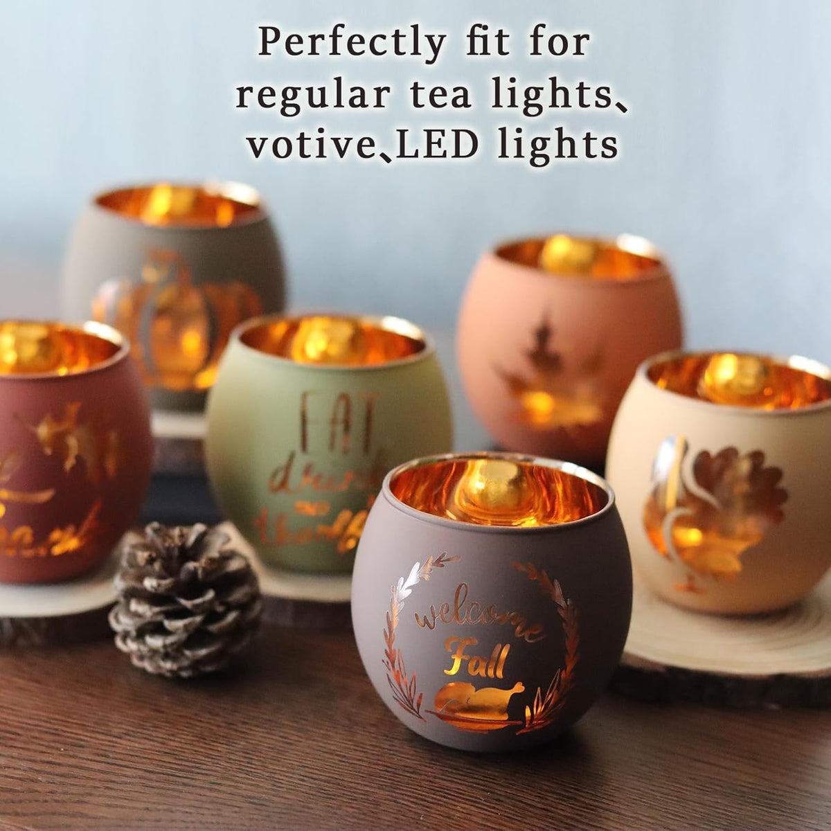 Thanksgiving Votive Candle Holder Set of 12, Glass Tealight Votives Holder with 6 Laser Engraving Patterns, Fall Table Centerpiece Indoor Outdoor Decor