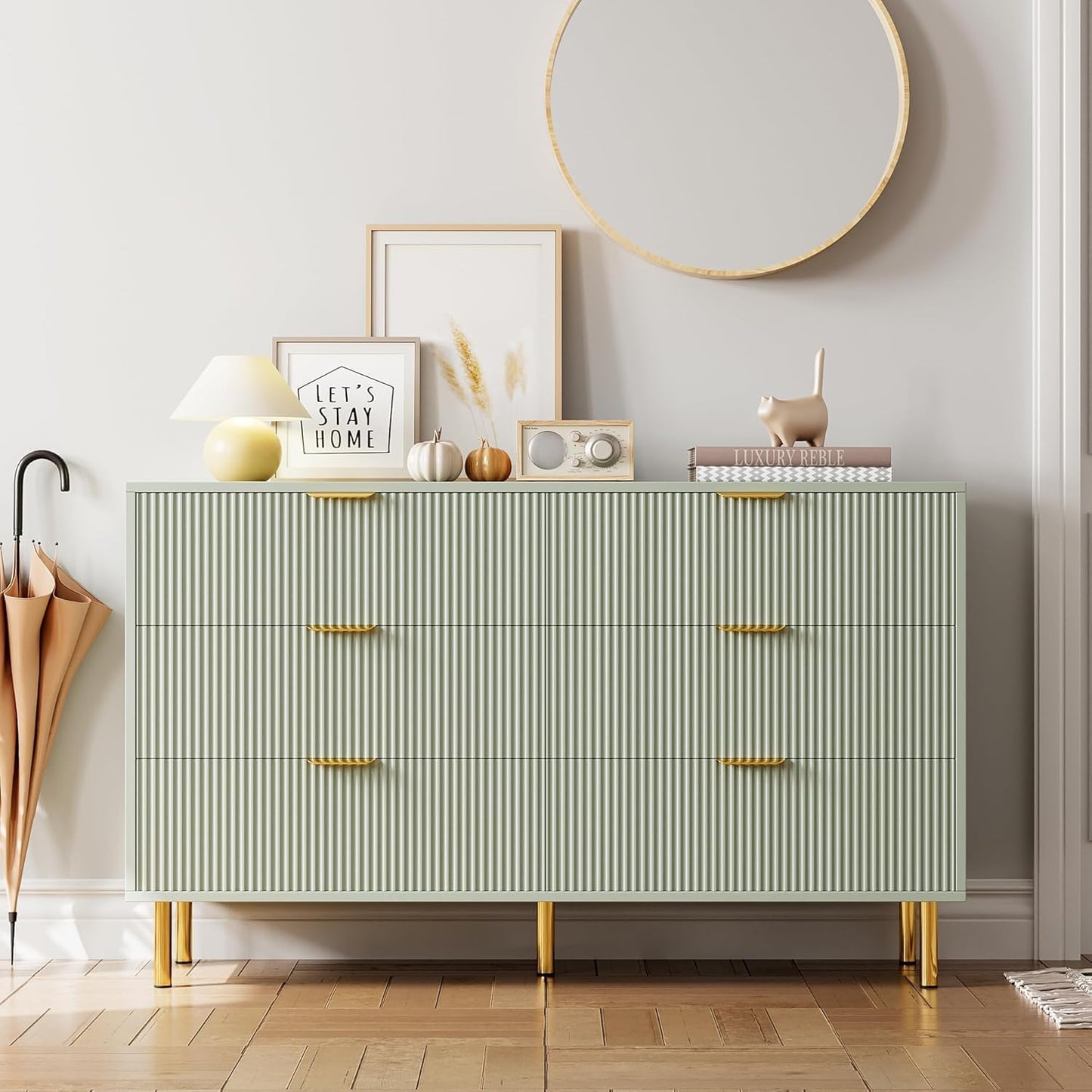 GAOMON 6 Drawer Dresser, Wood Chest of Drawers Organizer Storage with Gold Handle, Large Storage Cabinet, Modern Design Dresser for Bedroom, Living Room, Closet, Hallway, Entryway, Green