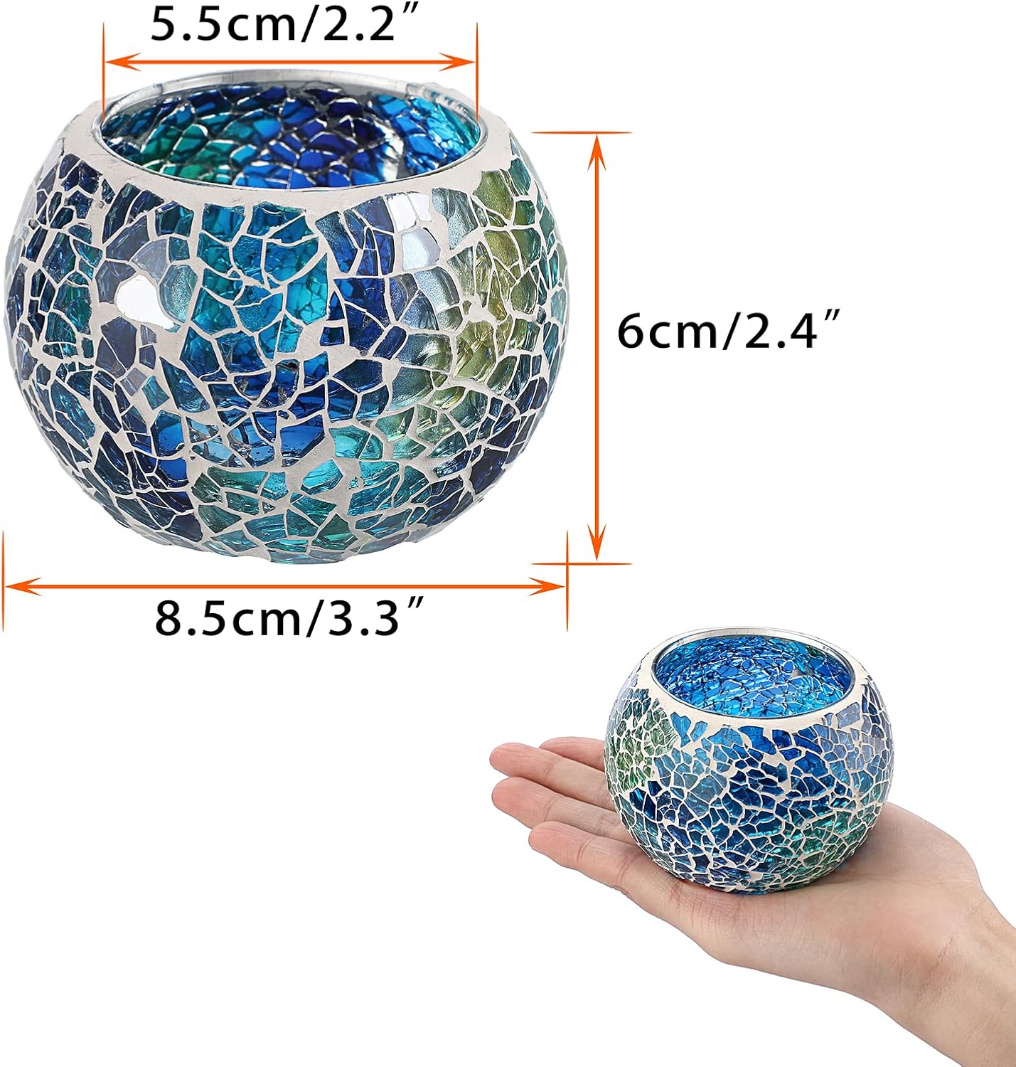 Set of 3 Blue Mosaic Glass Tea Light Holders Round Bowl Votive Candle Holders Pillar Candle Stands, Glass Mosaic Tealight Holders Potted Plant Bowl Vase Candle Centerpiece for Table Wedding