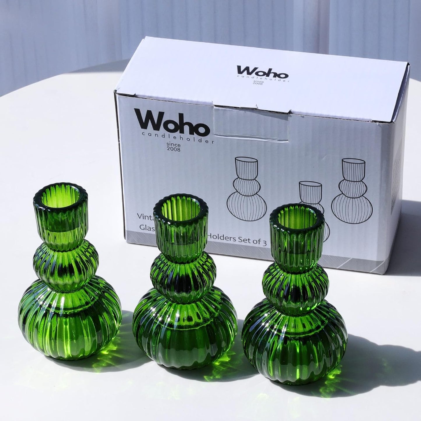 Green Ribbed Glass Taper Candle Holders, Set of 3, Table &amp; Shelf Accent