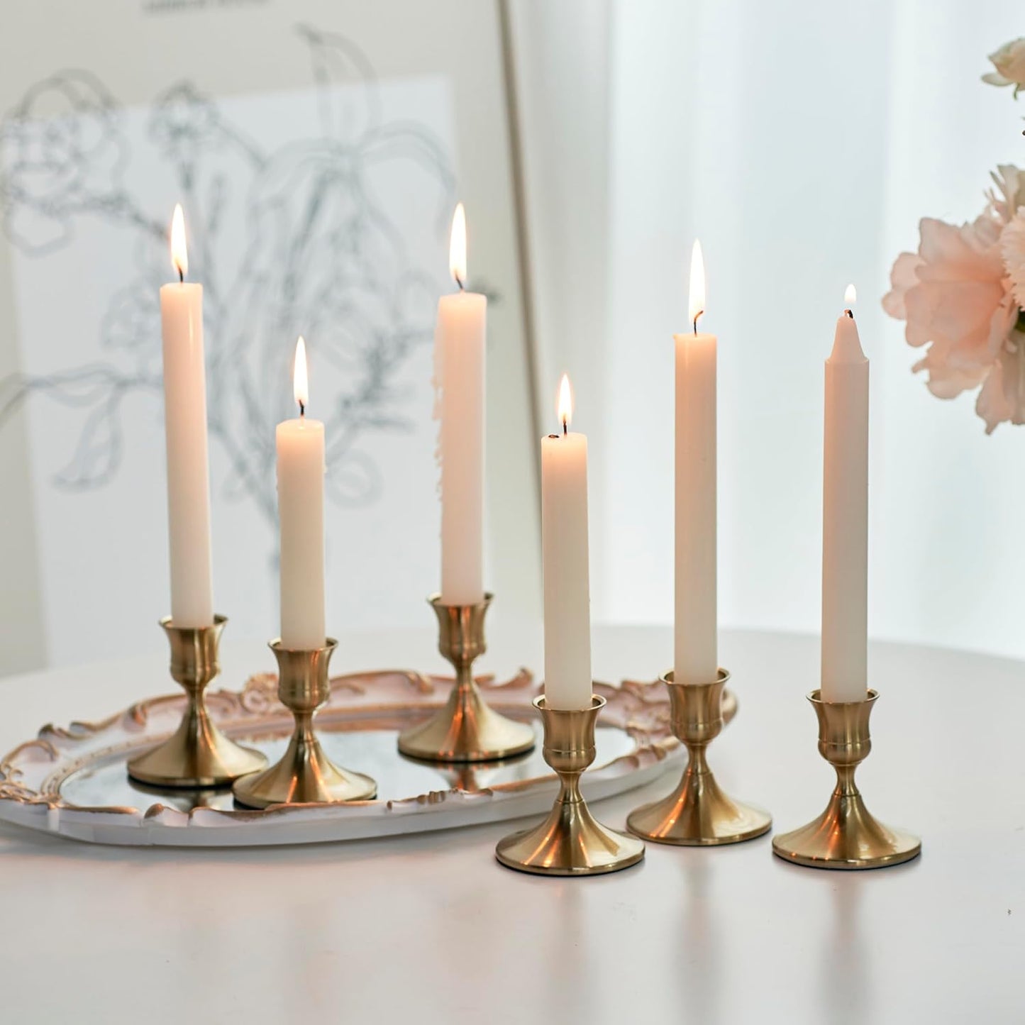 Gold Taper Candle Holder Set, Polished Metal Table Candle Holders (12 Pcs)
