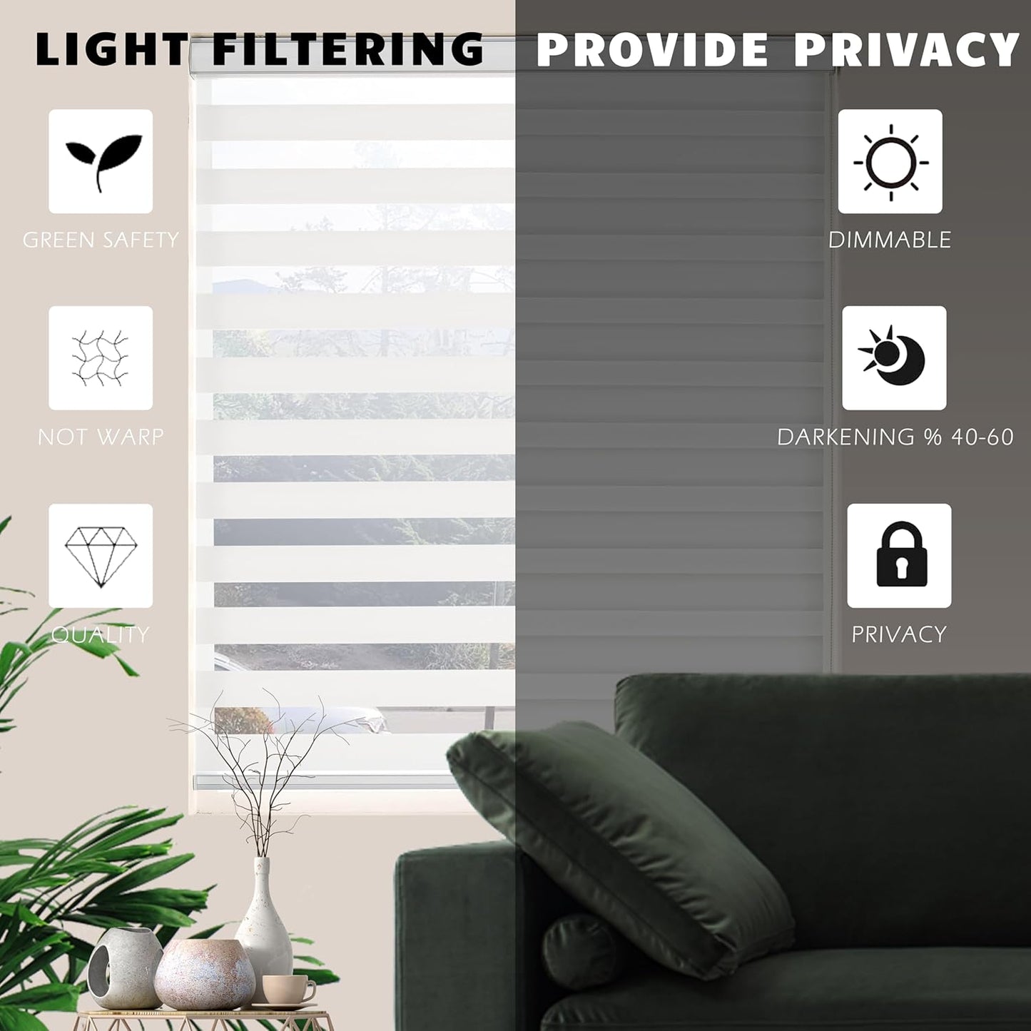 Custom Zebra Blinds for Windows Dual Layer Free-Stop Light Filtering Window Privacy Sheer Shades for Living Room (Custom Size White Color)