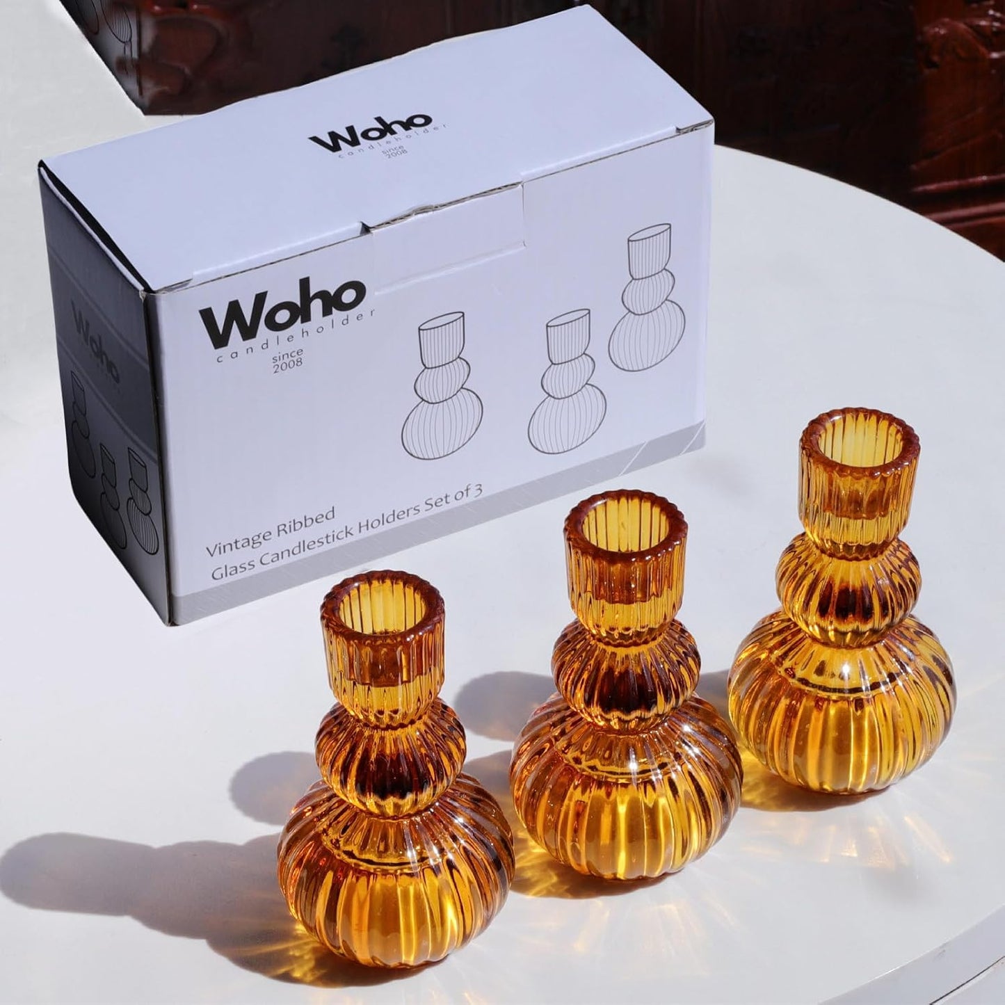 Amber Candlestick Holders Set of 6 4.3" H for Thanksgiving/Fall Decorations, Ribbed Glass Taper Candle Holders Halloween Table Centerpiece, Vintage Candle Sticks Holder Decor for Boho Home Decor