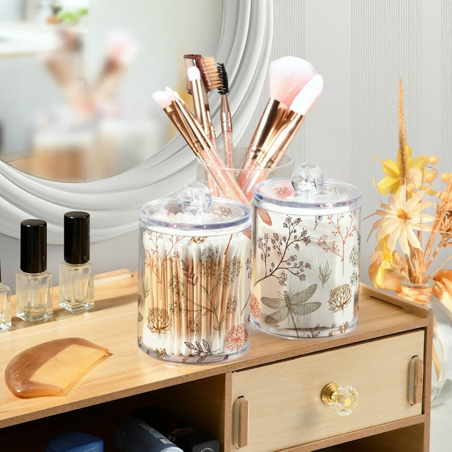 2 Pack Qtip Holder Organizer Dispenser Dragonfly Pattern Bathroom Storage Canister Cotton Ball Holder Container for Cotton Swabs/Pads/Floss