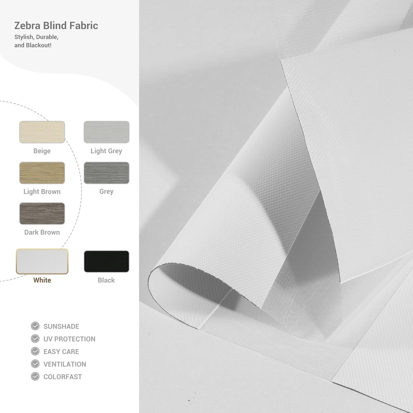Cordless Zebra Blinds for Windows, Blackout Interior Blinds,Easy to Install,UV Protection,for Offices and Home,Custom Roller Shades, Solid White, 58" W x 72" H