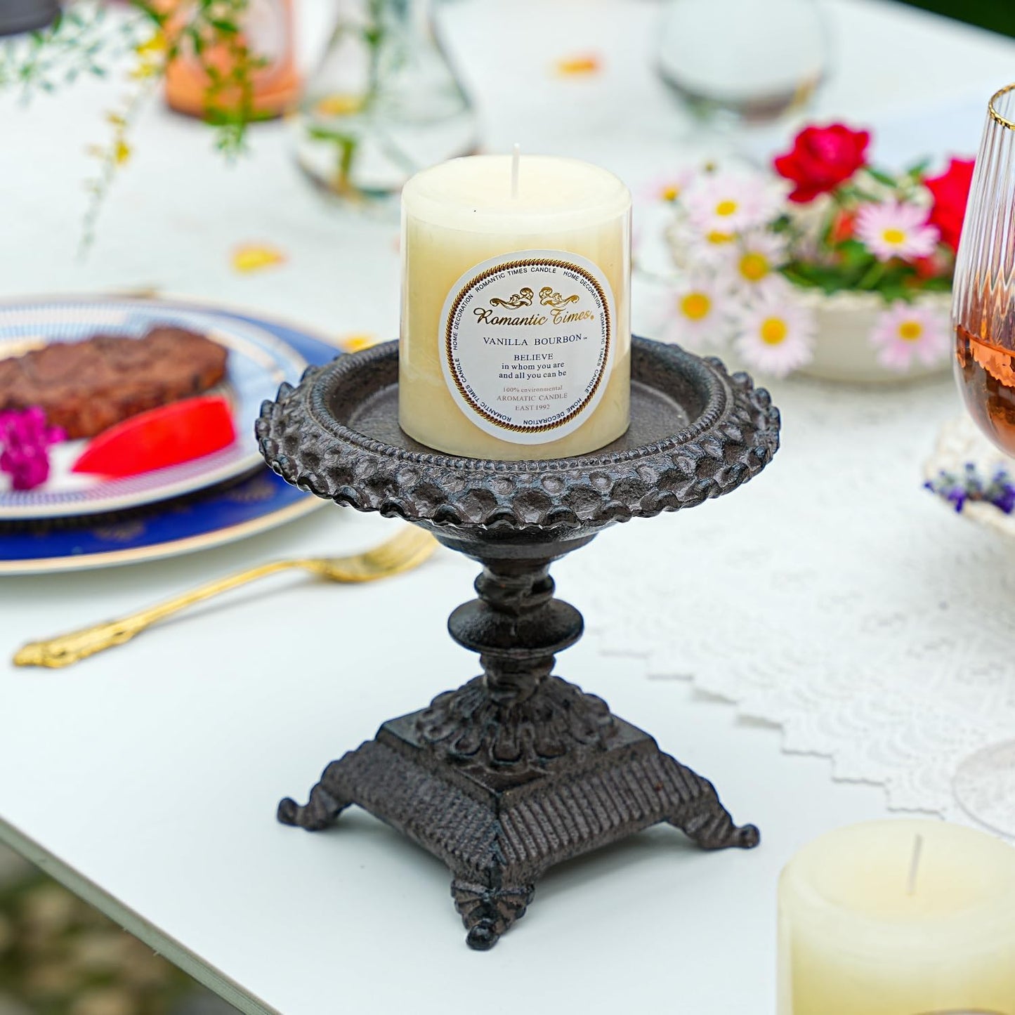 Cast Iron Candle Holder - Rustic Style Decorative Pillar Candle Holders, Center Pieces Decoration for Table, Modern Farmhouse French Country Decor, 6.5" Candle Stand Fits Multi-Size Candles