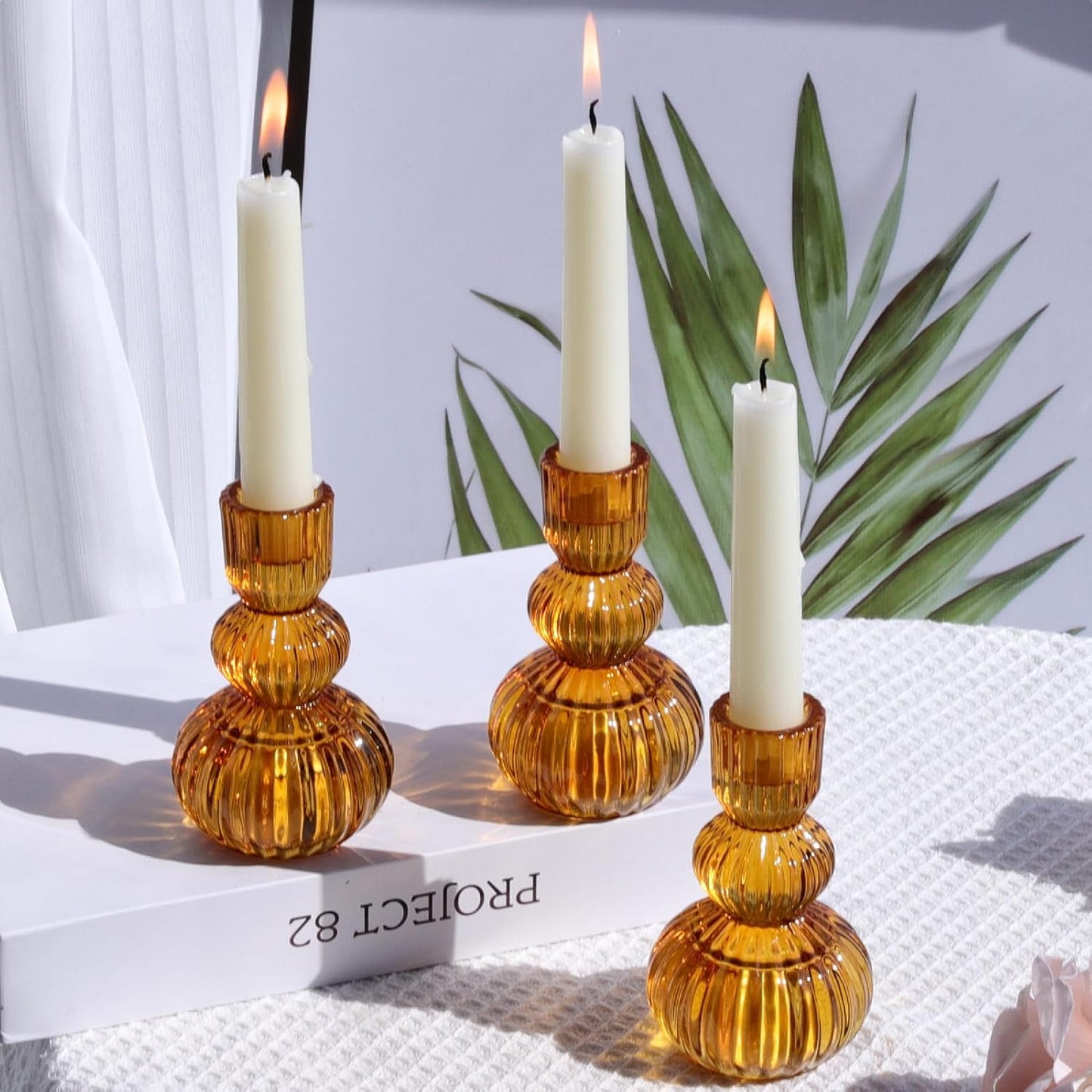 Amber Taper Candle Holders 4.3" H for Halloween/Thanksgiving Decorations, Set of 3 Ribbed Glass Candlestick Holders Vintage for Fall Wedding, Boho Candle Sticks Holder Decor for Dining Table