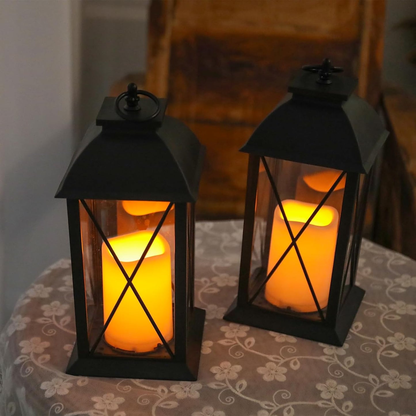 2-Pack 13-Inch Black Decorative Lantern with LED Candle, Battery-Operated, Indoor & Outdoor Use