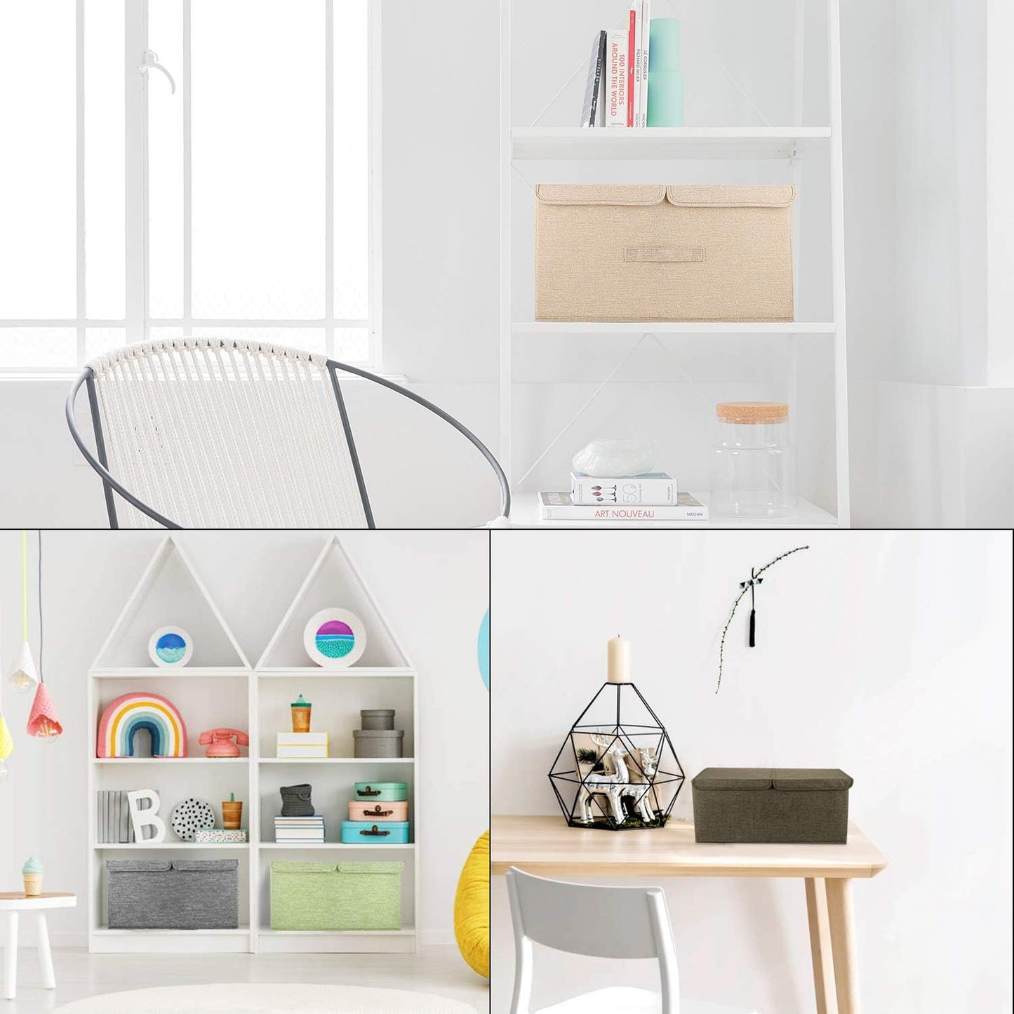2 Pack Large Storage Boxes with Lids and Handles, Collapsible Linen Storage Bins Organizer Containers Baskets Cube with Removable Divider for Home Bedroom Closet Office (Khaki, Large)